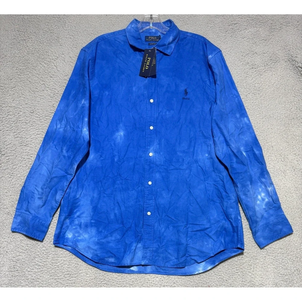 NEW Rare Polo Ralph Lauren Tie Dye Washed Oxford Blue Button shirt Size XL Blue